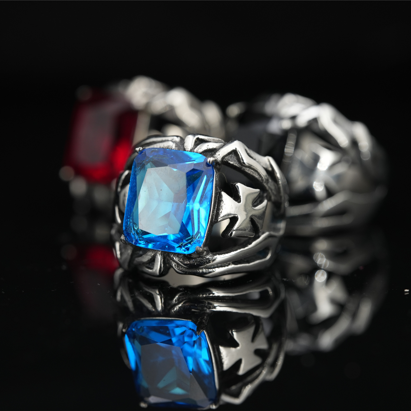 Blue black red ring hip-hop style stainless steel
