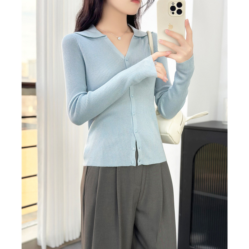 Blue Polo Collar Knitwear 2026 New Spring and Autumn Thin Cardigan Soft and Slimming Commuter Long-Sleeve Outerwear Top