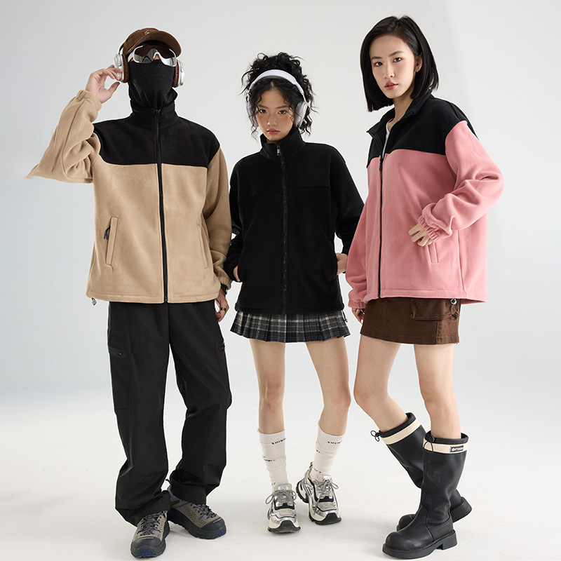 2910 invierno abrigo de grafeno abrigo de terciopelo pareja de cuello vertical empalmado chaqueta casual suelta