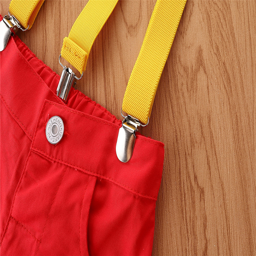 Terno infantil moderno, cor contrastante, camisa preta + macacão, calça vermelha, conjunto de 3 peças_voghion.com