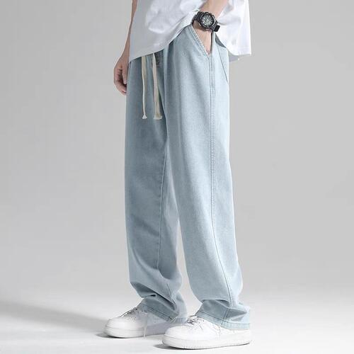 Straight-leg men's jeans  summer thin model streetwear loose drop sensation wide-leg flowing ground-length casual pants