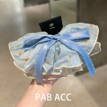 韩系蓝色波点蝴蝶结双层大肠发圈女高级感丸子头超大发饰头绳头花