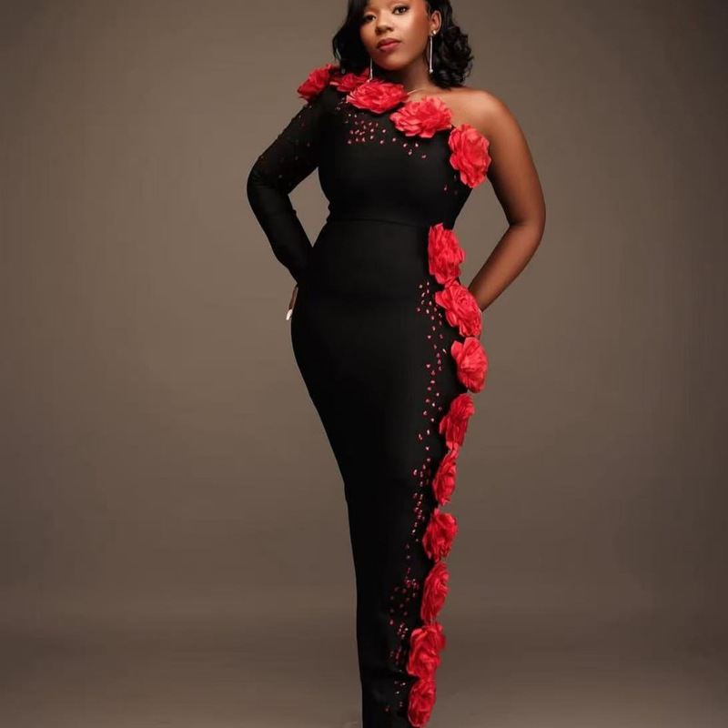 New Sexy Bandage Dress Flower One-Shoulder Women's Mid-Length Party Dress European and American Cross-Border African Fashion
