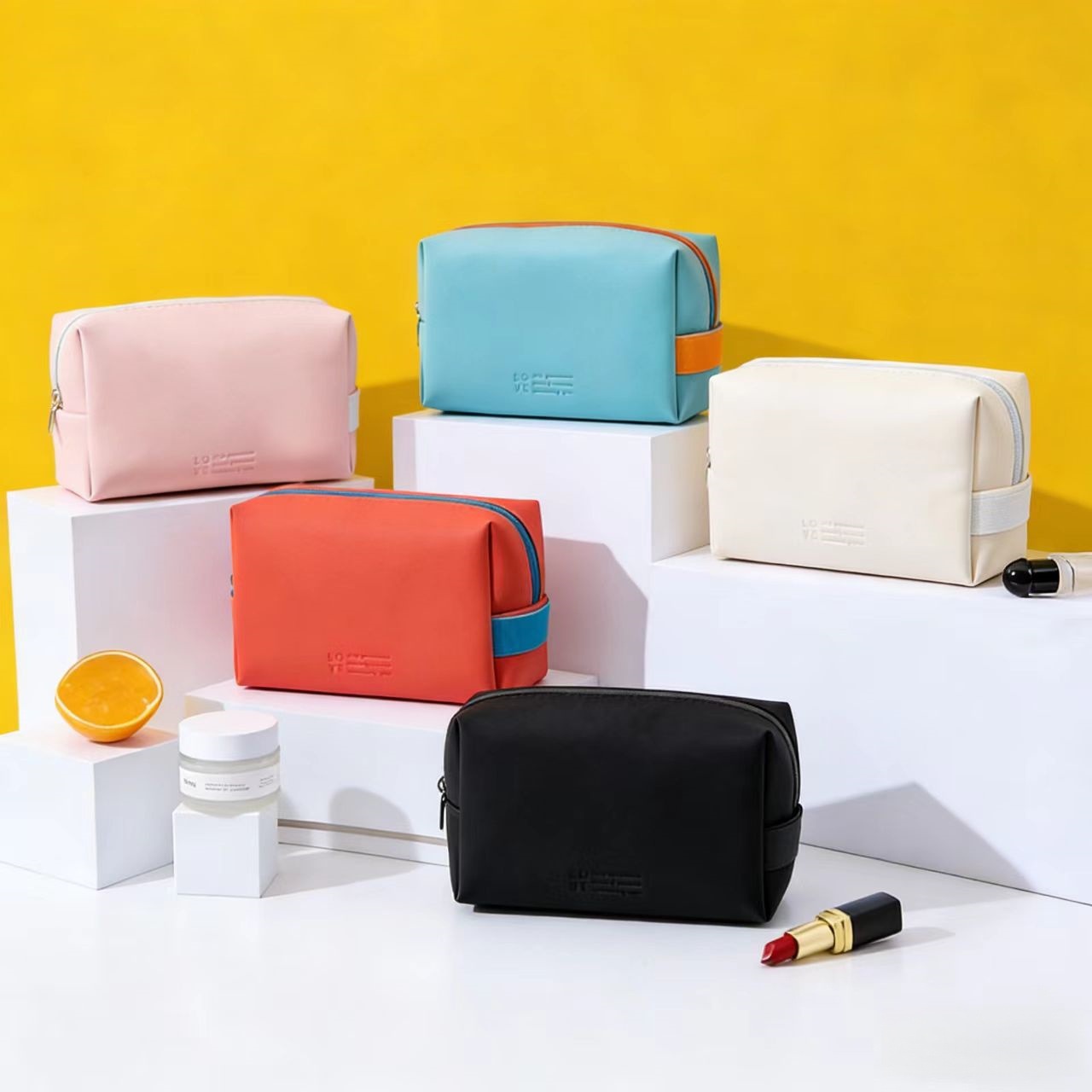Bolsa de maquillaje coreana de alto valor visual ins-viento color caramelo PU impermeable de gran capacidad color macrón bolsas de lavado portátiles