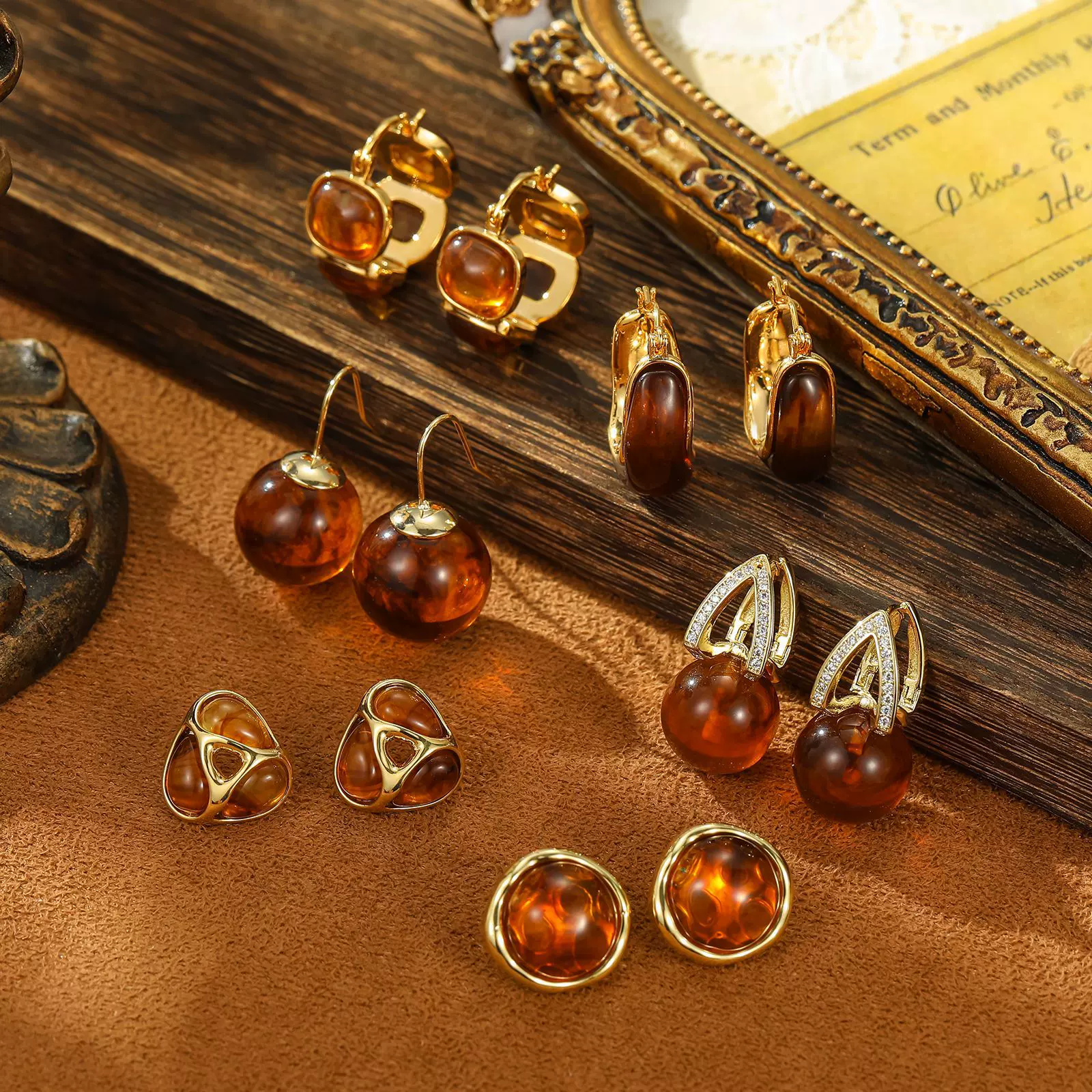 艾妮贝妮新款复古美拉德耳环天然琥珀石焦糖色咖色耳环小众高级感