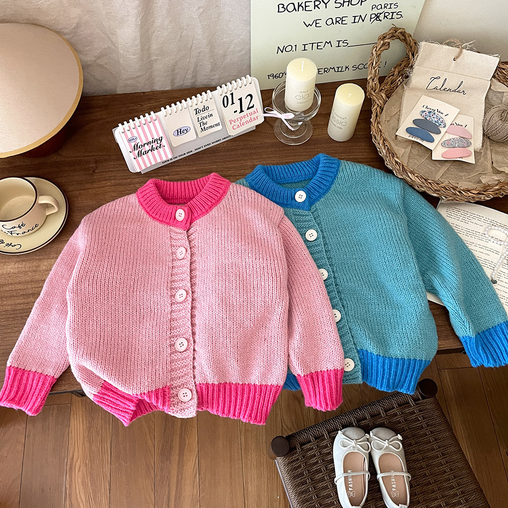 Kleidung, Mädchenoberbekleidung, Strickpullover im Frühlings- und Herbststil, stilvolle koreanische Babyversion, Kontrastfarbe,_voghion.com