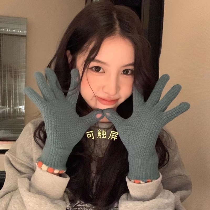新款加绒加厚保暖雪人刺绣可触屏手套中大童女士冬季针织防寒手套|undefined