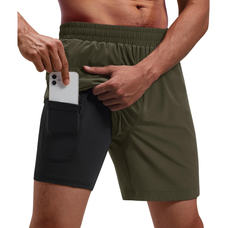 Cross-Border Men's Running Shorts 5inch Two-In-One Quick-Dry Sports Fitness Shorts with Lining and Pockets Tennis Shorts