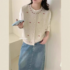韩系蘑菇刺绣针织开衫背心女2025春秋新款宽松百搭毛衣马甲坎肩潮