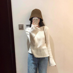 韩系白色喇叭袖长袖针织衫内搭上衣女春秋穿搭高级感气质打底毛衣