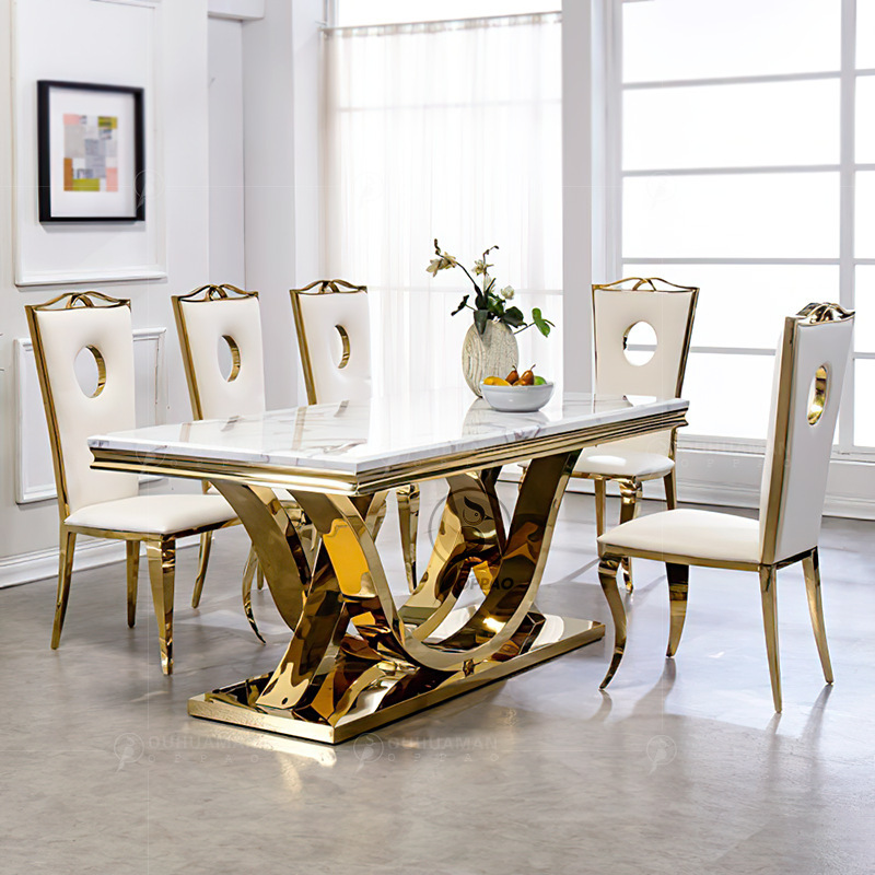 Light Luxury Dining Table Rectangular Small Apartment Simple Post-Modern Marble Hotel Home Stainless Steel Dining Table and Chair Combination