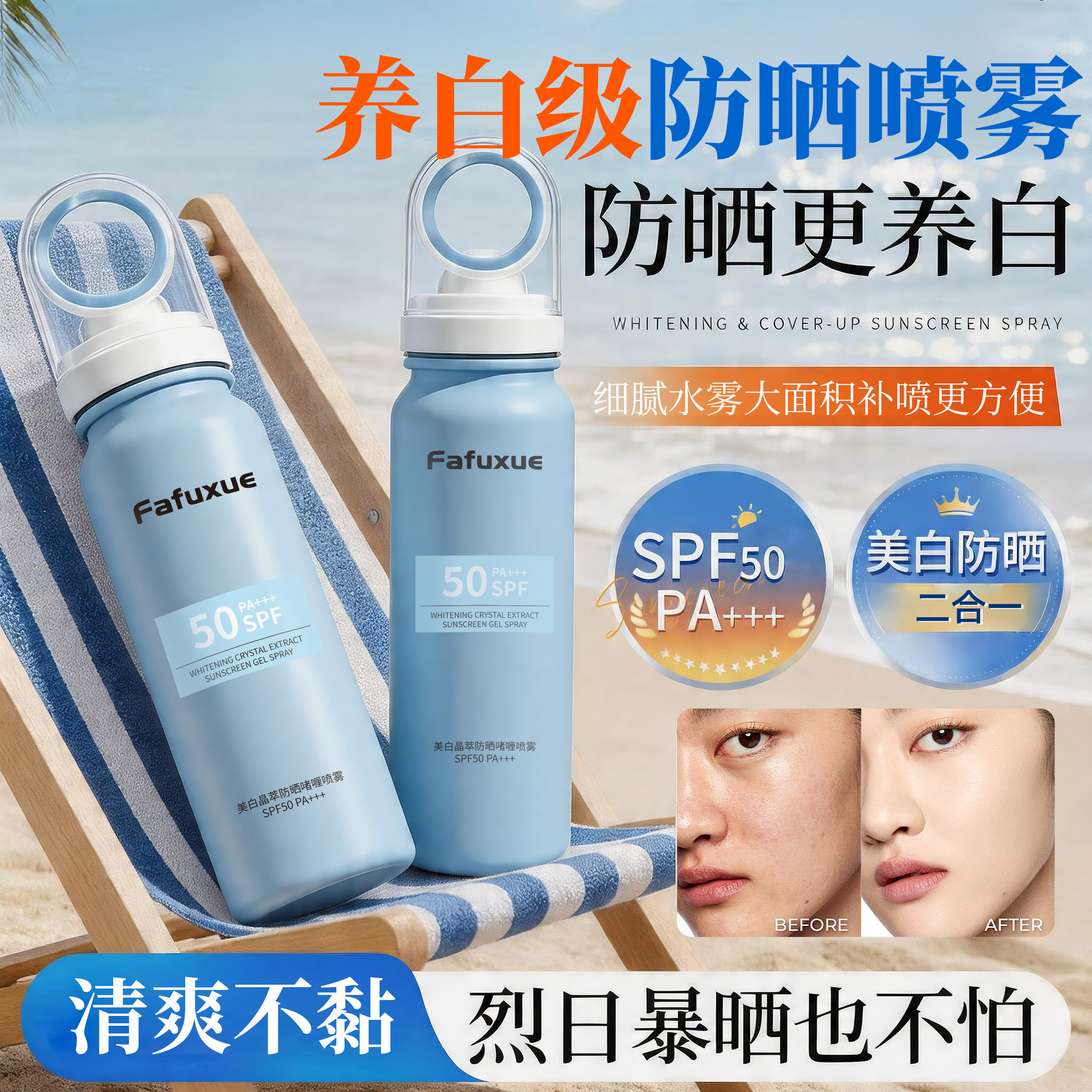 Spray Gel Protector Solar Blanqueador SPA50+ Resistente al Agua y Sudor para Rostro y Cuerpo