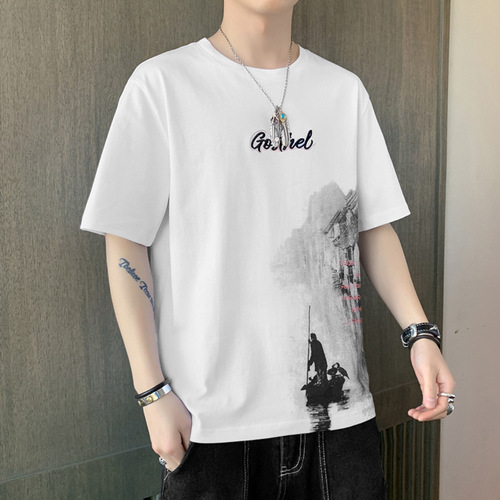 Summer Short Sleeve T-shirt for Men, Thin Model, Trendy Ink Wash Style, Half Sleeve Casual Stylish Fashion Top