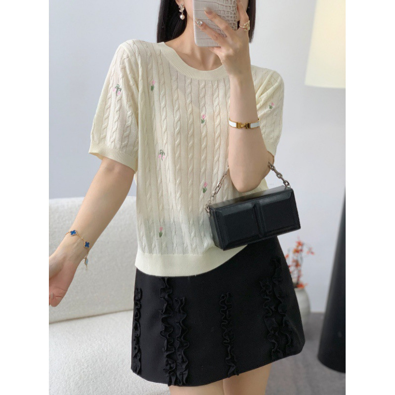 Korean Classy Tencel Linen Round Neck Eight-Knot Small Flower Embroider Cable Knitted Short-Sleeved Women's T-Shirt Thin Top