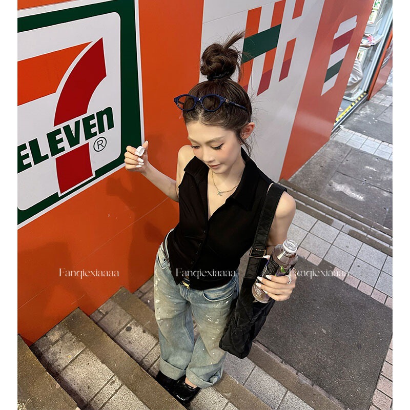 Black Polo Collar Camisole for Women 2025 Summer New Sleeveless Design Niche Inner Layer Top