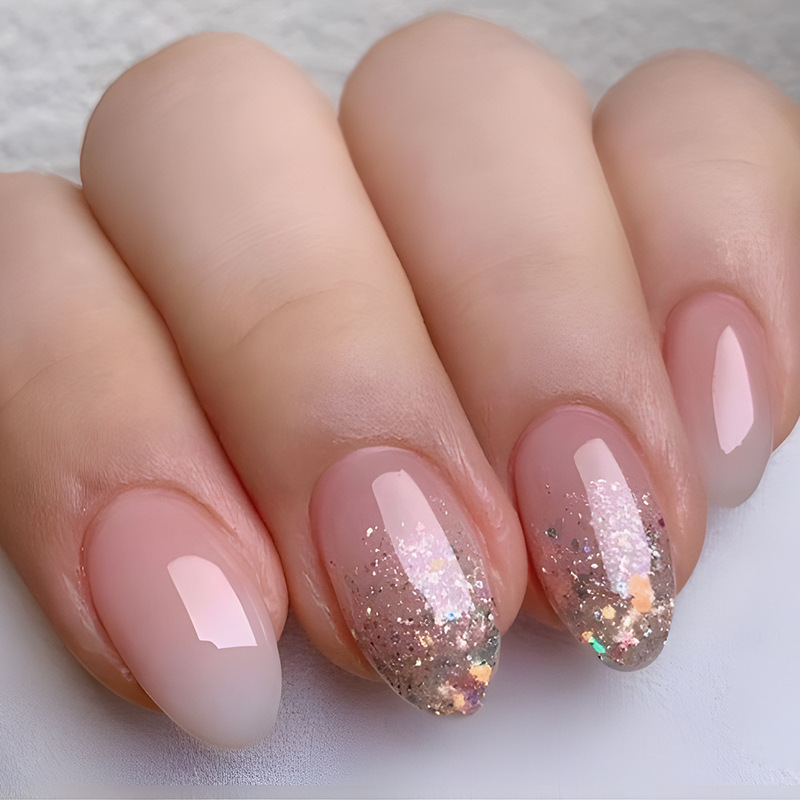 Cross-Border Hot-Selling Nude Pink Round-Head Manicure, Gold Powder Inlaid with Diamonds, Gorgeous and Eye-Catching Wearable Nails, 24 Pieces of Finished Nail Patches