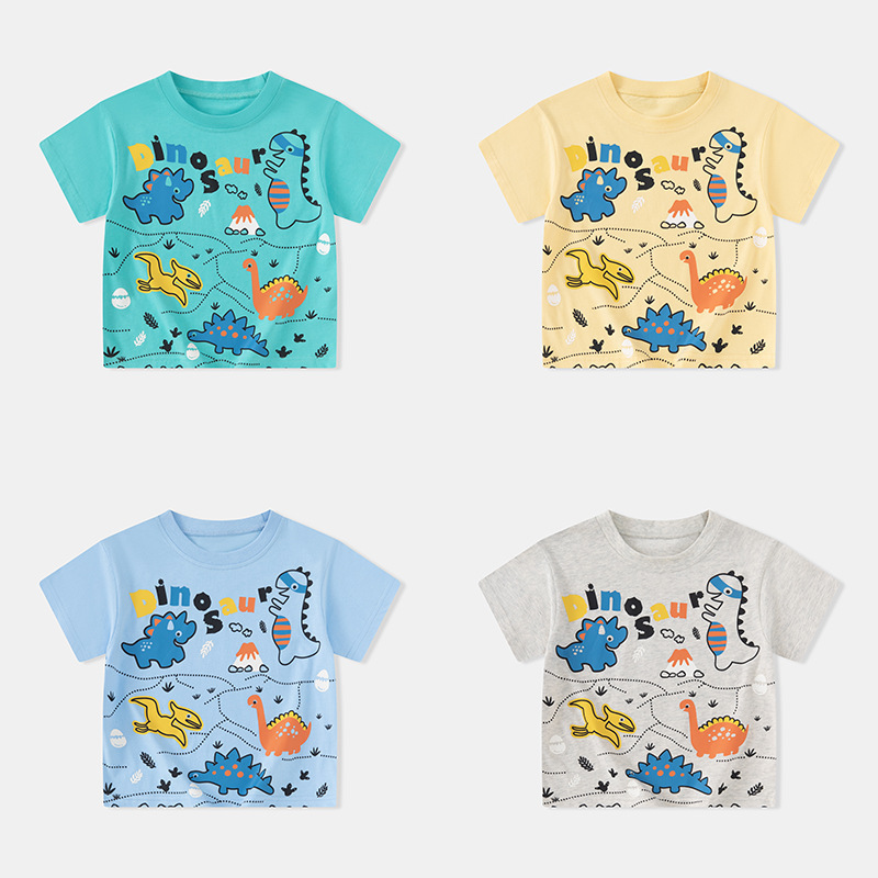 Betop ropa infantil transfronteriza niños dibujos animados coreanos bebé dinosaurio camiseta de manga corta niño verano cuello redondo cabello de una pieza