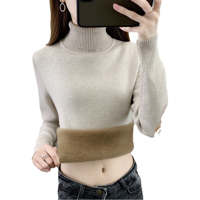 Suéter grueso forrado de vellón para mujer 2023 Otoño e Invierno Nuevo suéter de terciopelo de una pieza suéter de camisa de fondo delgado de manga larga para mujer image 1