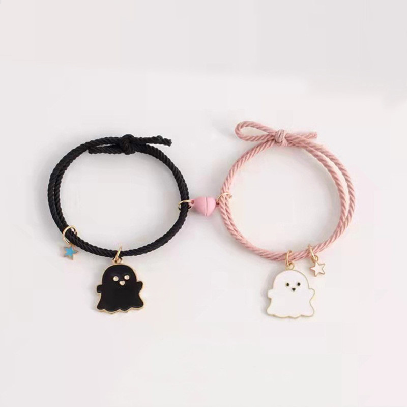 Cute Cartoon Love Magnetic Halloween Couple Bracelet Black and White Small Ghost Hand Rope for Boyfriend Sister Small Rubber Band