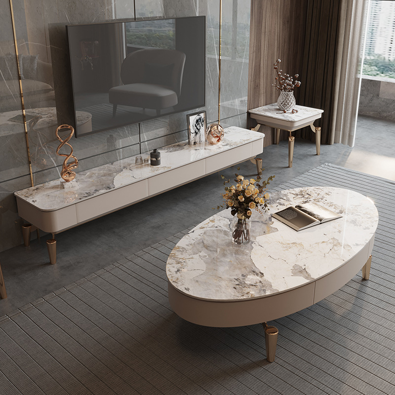 Luxury Simple Light Luxury High-end Living Room Rock Board TV Cabinet Floor Cabinet Living Room Set Coffee Table Combination Italian Minimalist