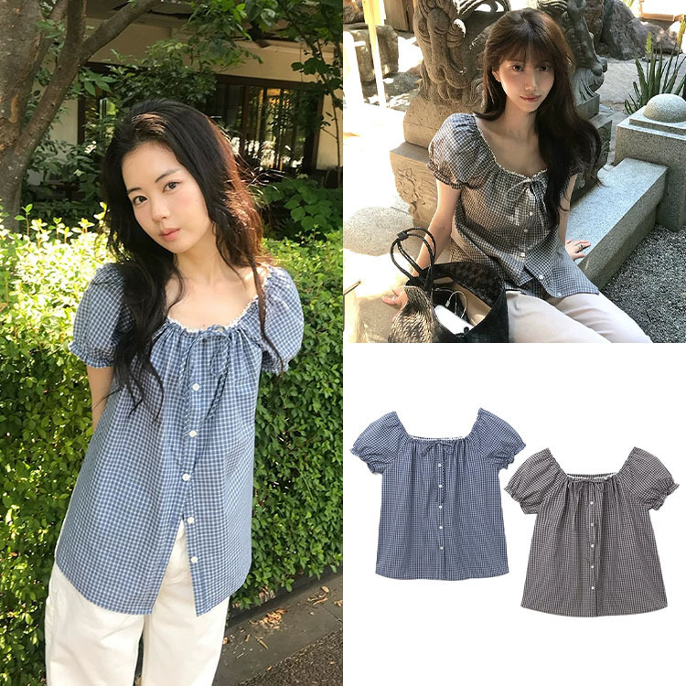 FanShun·XH Korean-style fine plaid short-sleeve shirt, Dongdaemun summer new arrival, gentle and sweet lace-up square-neck top FanShun·XH Korean-style fine plaid short-sleeve shirt, Dongdaemun summer new arrival, gentle and sweet lace-up square-neck top