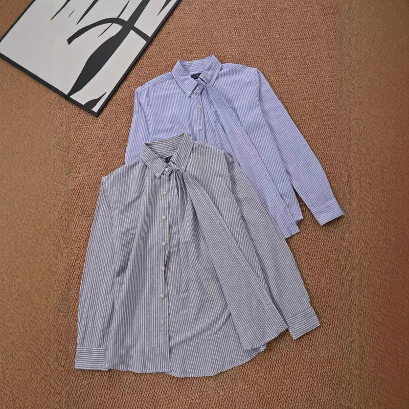 Cross-Border Export Exclusive Supply of Rl Ralph Linen Striped Long-Sleeve Shirt, Autumn Thin Style, American-Style Loose Long-Sleeve Shirt