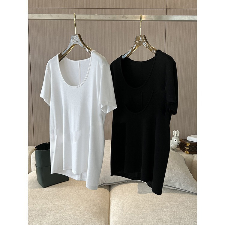 Ready Stock for Simple Fashion Series~Gao Grade Slimming Look Big U Collar~T*R Spoon Collar T-Shirt Short-Sleeved Women's 2024 New Style