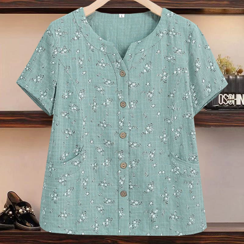 Универсальные топы для мам с принтом, новые летние рубашки с короткими рукавами для пожилых людей, стильные кардиганы для свекрови, рубашки, уменьшающие возраст.