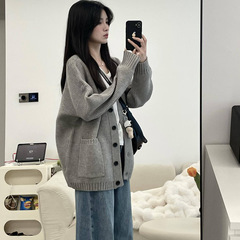 韩系慵懒风灰色针织开衫外套女春秋季外穿奶fufu软糯宽松毛衣上衣