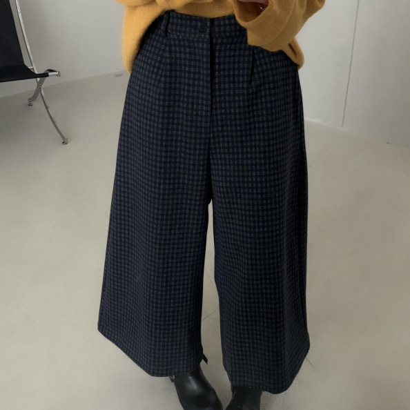 韩系复古百搭格子毛呢阔腿裤女秋季2025新款显瘦休闲八分裤子|undefined