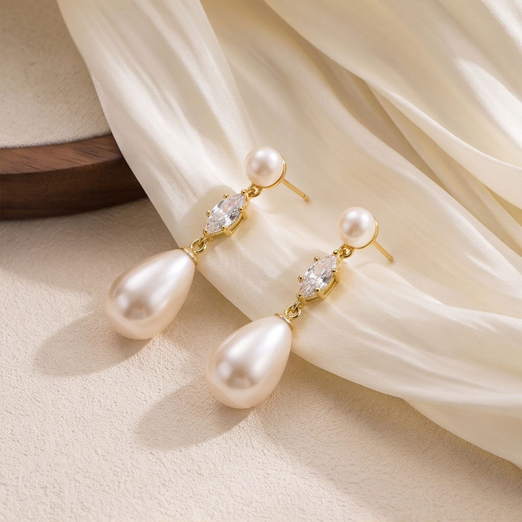 Korean Style Gentle Water Drop Pearl Earrings High-End Marquise Diamond Long Dangle Earrings Simple Temperament Fashion Accessories Wholesale