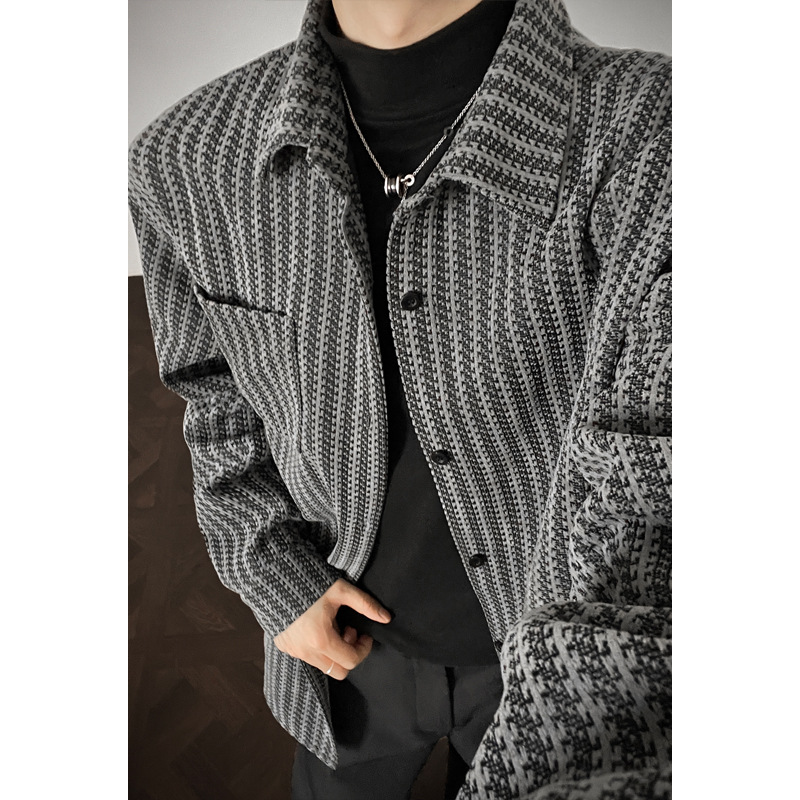Camicia da uomo in stile retrò americano, con motivo a spina di pesce pesante, primavera autunno, di alta qualità, con colletto rovesciato_voghion.com