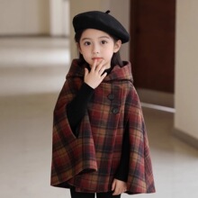 源头工厂呢大衣新款童装斗篷秋冬装格子尖尖帽加厚夹棉2026女童外