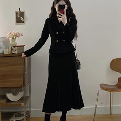 小香风双排扣设计外套女2025秋冬大码微胖mm高腰遮肉半身裙两件套