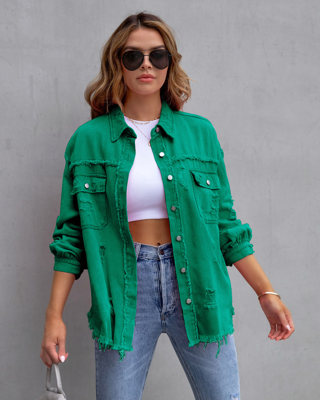 Giacca di jeans donna con volant strappata bavero manica lunga_voghion.com