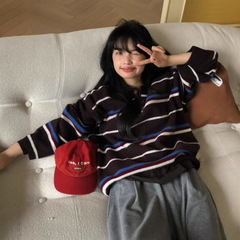 2025秋季新品韩版慵懒感POLO领休闲撞色加厚条纹显瘦针织衫毛衣女