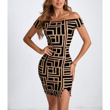 臀修身印花一字连衣裙跨境性感欧美亚马逊包时尚女装肩