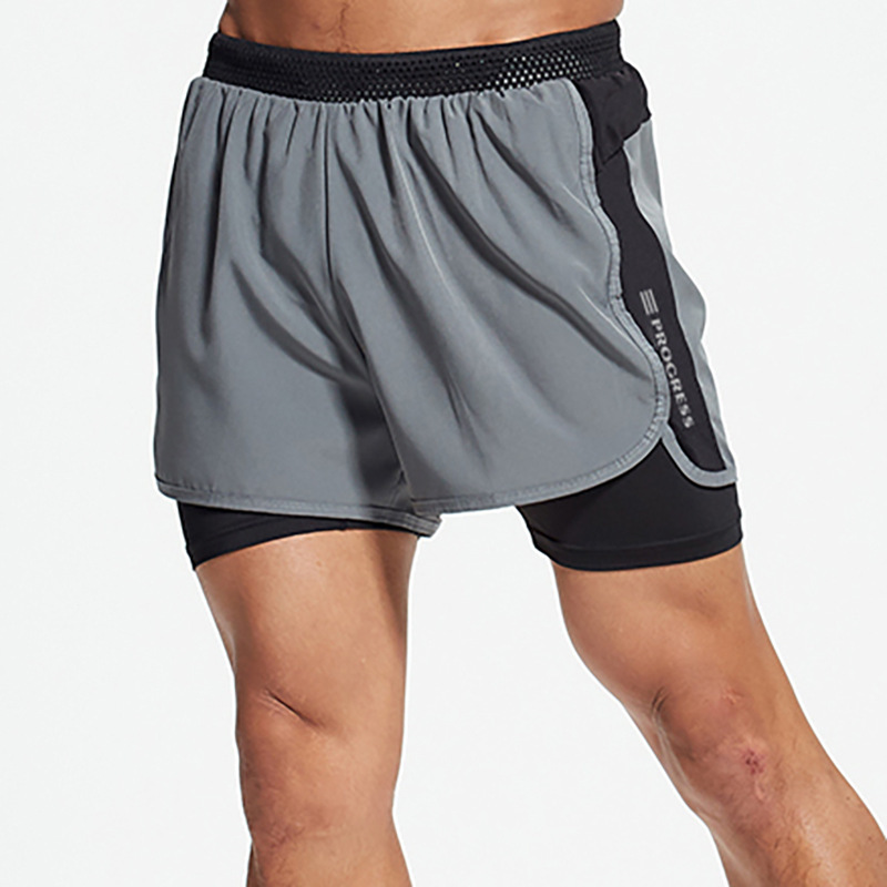 Double-Layer Shorts Men's Sports Fitness Shorts Double-Layer Quick-Drying Running Shorts Three-Quarter Pants Aerobics American Style Thin Running Shorts
