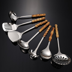 亞馬遜熱銷不鏽鋼天然竹子手柄廚具套裝鍋鏟意面勺隔油勺批發