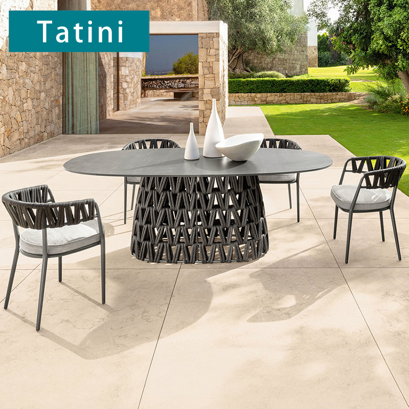 Mesas y sillas para exteriores, jardín de villa con patio, sillas de ratán resistentes al sol y a la lluvia, mesa de comedor de pizarra para terraza, mesa redonda y sillas para exteriores image 1