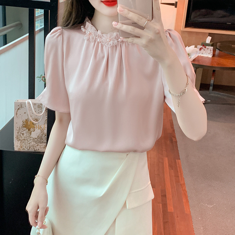 Brand Silk Shirt for Women 2026 Summer New Fashion Lace Elegant Blouse Versatile Top for Ladies