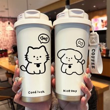 嘉佳菲可爱小猫狗狗保温杯吸管双盖水杯子新款女卡通高颜值咖啡杯