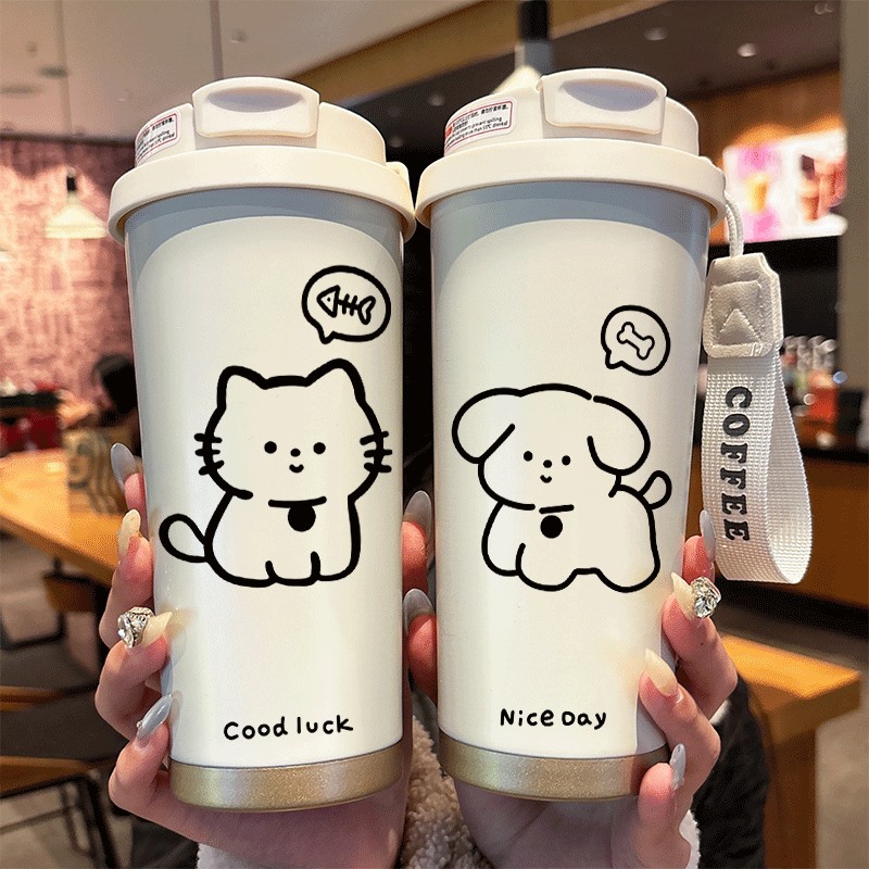 嘉佳菲可爱小猫狗狗保温杯吸管双盖水杯子新款女卡通高颜值咖啡杯