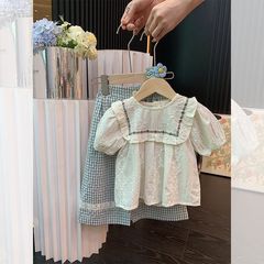 女童套裝2024夏裝新款兒童韓版森系刺繡娃娃衫+格子闊腿褲兩件套
