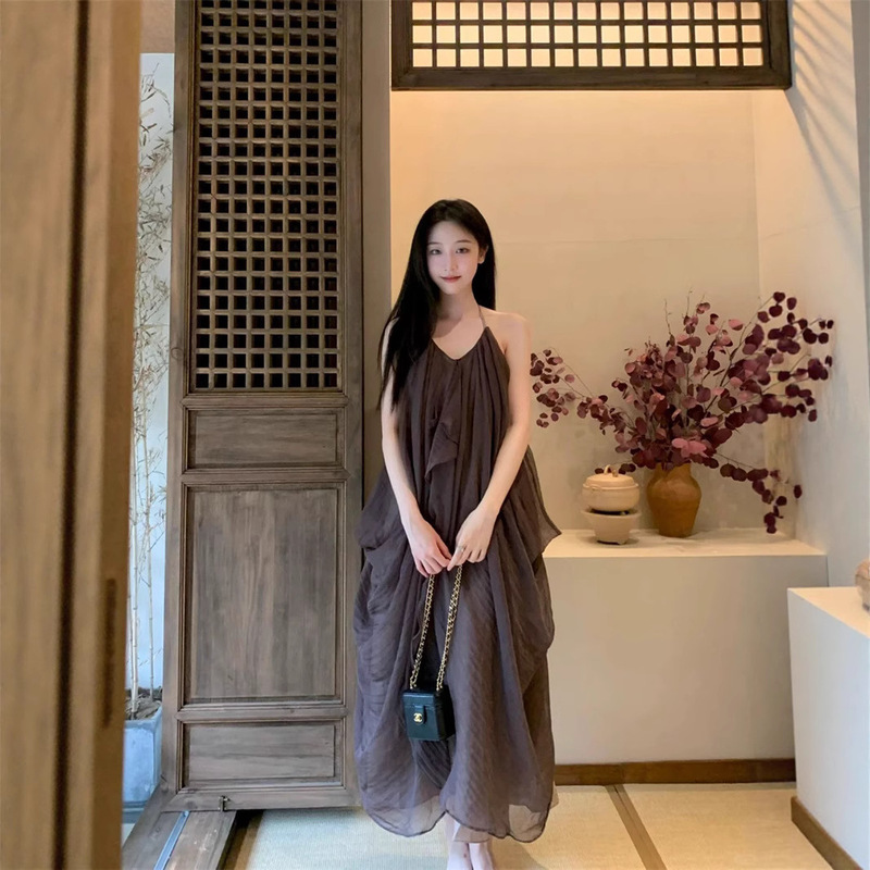 新中式复古V领挂脖吊带连衣裙女夏季不规则设计感小众气质长裙子|undefined