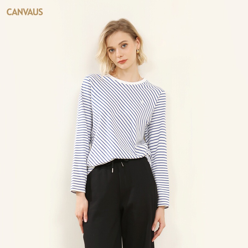 CANVAUS Long-sleeved T-shirt Striped Navy Style Crewneck Spring and Autumn Inner Embroidered Base Shirt Women's Foundation Fashion