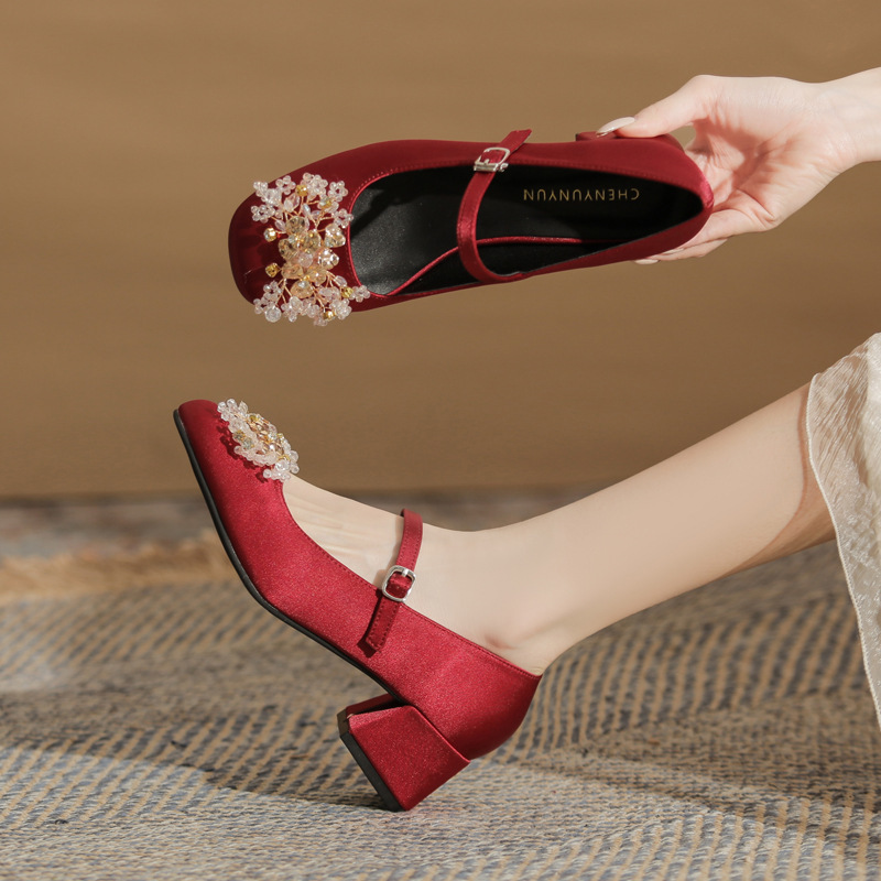 Jin Gang CH4522-1 Chunky Heeled Mary Jane Shoes 2024 New Spring and Autumn Mid-Heeled Shallow Mouth Shoes Female Bride Wedding Shoes Jin Gang CH4522-1 Chunky Heeled Mary Jane Shoes 2024 New Spring and Autumn Mid-Heeled Shallow Mouth Shoes Female Bride Wedding Shoes