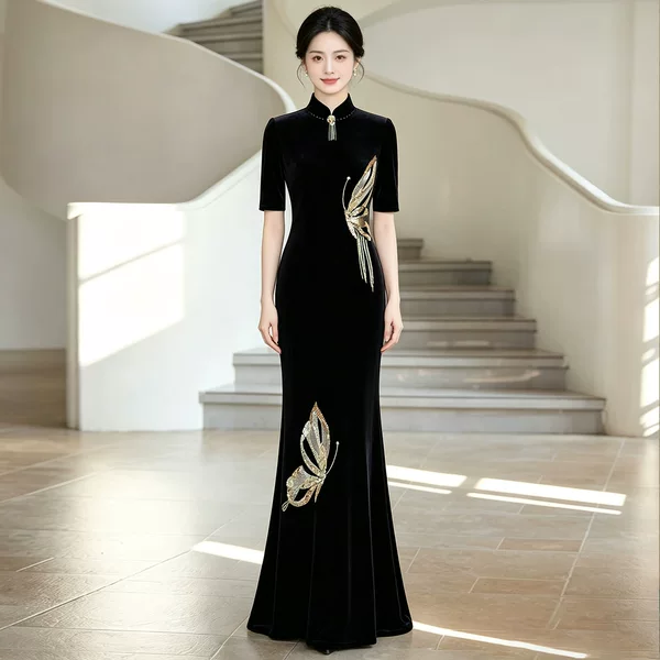 Black modified high-end runway cheongsam dress for model stage performance, slimming and elegant fishtail long dress