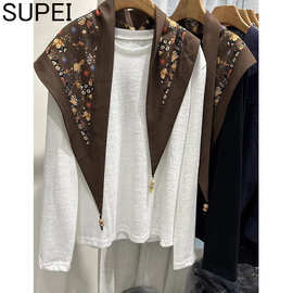 欧洲站外贸爆款咖啡色碎花挂珠披肩早秋新款时尚披肩丝巾三角巾