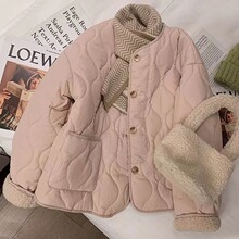 粉色菱格羊羔毛棉衣棉服女秋冬季2025年新款加厚保暖夹棉加绒外套